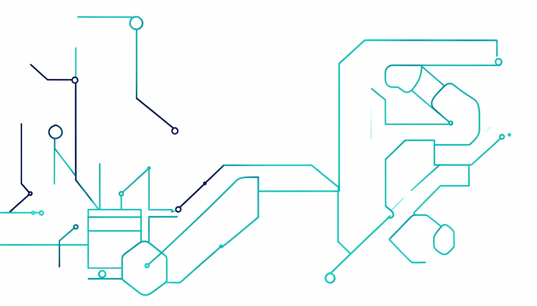 Abstract geometric shapes in navy blue and teal, representing technology infrastructure and connectivity.