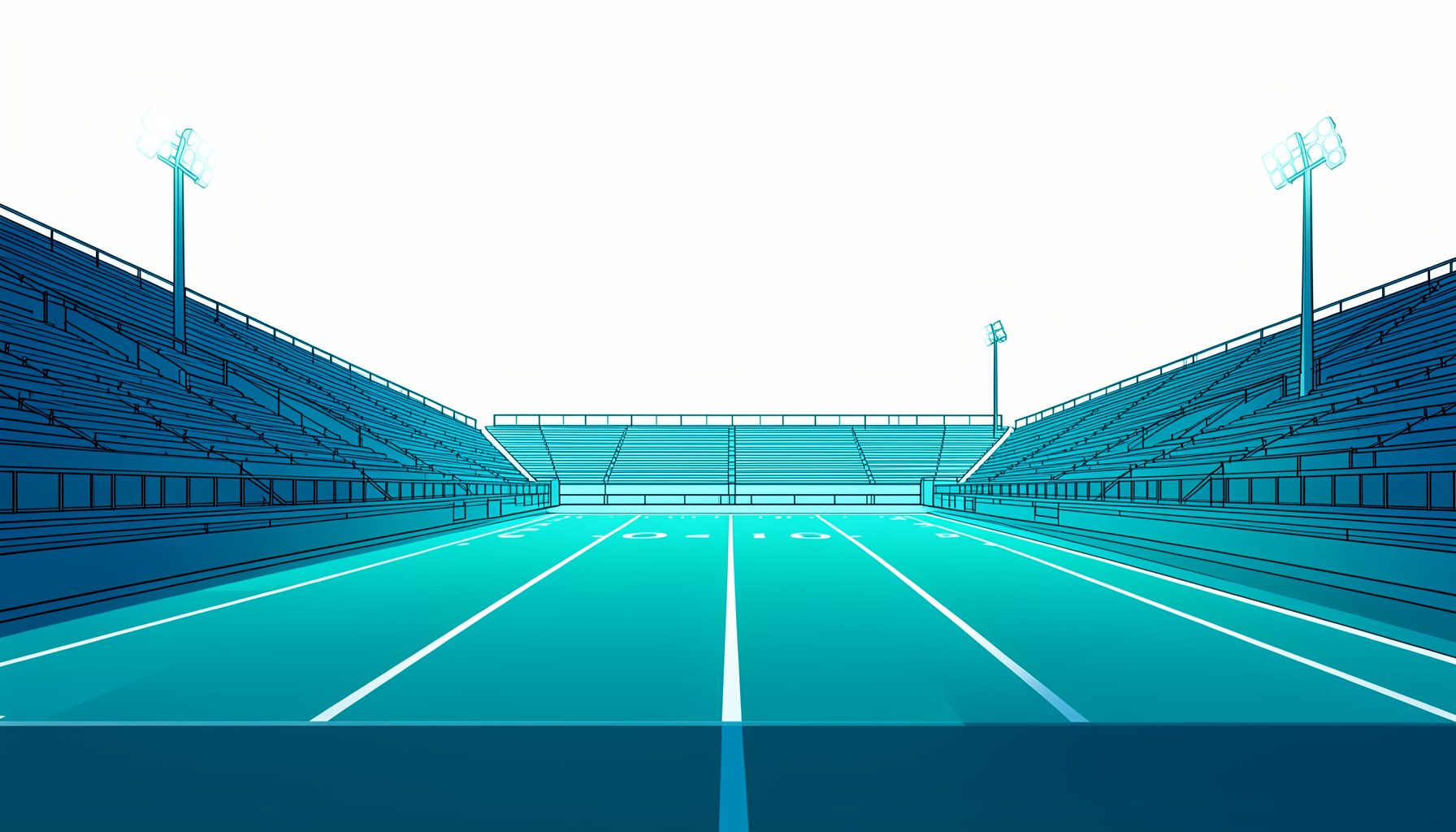 A wide shot of a softly lit high school football field at dusk, empty stands in deep blue shadow, the field glowing under stadium lights