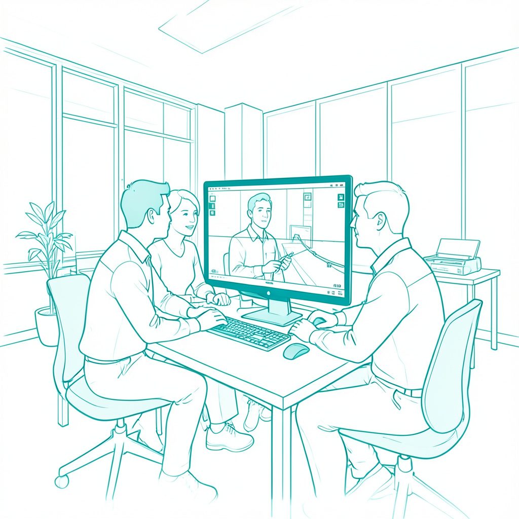 A minimal line drawing of a small collaborative team gathered around a monitor, reviewing video footage together in a bright, modern workspace